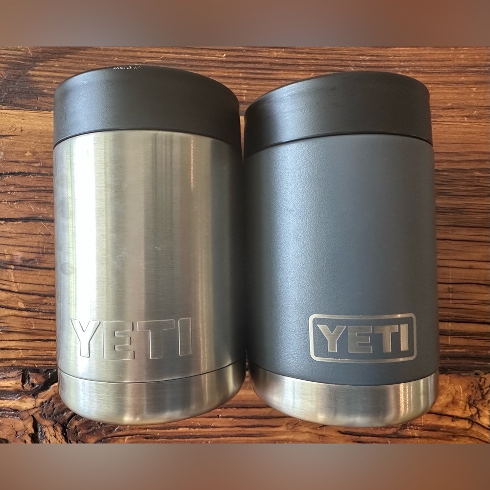 YETI Pair of Silver and Blue Rambler Beer or Soda Can Colster 12 ounces